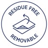 Imaginea prezintă un ecuson circular cu textul 'FĂRĂ REZIDUURI' și 'DEZLIPIBIL' în jurul unei ilustrații a unui obiect care este îndepărtat, indicând că nu lasă niciun reziduu în urmă.