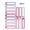Un sortiment de etichete marca Avery în diverse culori, inclusiv mov, roz și roșu, cu spații libere pentru personalizare.
