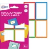 Această imagine prezintă un pachet de etichete școlare Avery, afișând modele de etichete colorate destinate organizării sau etichetării obiectelor, cu multiple spații libere pentru personalizare.