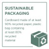 Imaginea discută despre ambalajele sustenabile, subliniind că cartonul ar trebui să fie fabricat din cel puțin 90% hârtie reciclată, iar pungile de plastic ar trebui să conțină cel puțin 80% material reciclat.