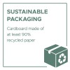 Imaginea afișează un semn pentru ambalaje durabile. Menționează că cartonul este realizat din cel puțin 90% hârtie reciclată. Există un grafic al unei cutii de carton cu un simbol de reciclare.