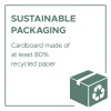 Imaginea promovează ambalajele sustenabile, subliniind că acestea sunt compuse din carton fabricat din cel puțin 80% hârtie reciclată. Prezintă un grafic cu o cutie și pune accent pe prietenia față de mediu.