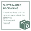 Imaginea promovează ambalajele durabile, subliniind faptul că cartonul este făcut din hârtie 100% reciclată, iar folia retractabilă conține 30% material reciclat.