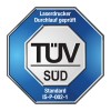Imaginea arată un logo de certificare de la TÜV Süd pentru imprimante laser, menționând că au fost testate conform standardului IS-P-002-1.