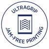 Imaginea prezintă un logo circular care promovează „UltraGrip Jam-Free Printing,” cu o reprezentare grafică a unui document ce arată linii care sugerează o funcționare lină.