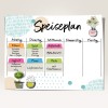 Imaginea prezintă un plan de mese săptămânal intitulat "Speiseplan" cu zilele săptămânii. Lista include mese pentru fiecare zi, cum ar fi omletă, salată, brunch, iaurt, pizza și paste. Aspectul prezintă notițe colorate și ilustrații decorative de plante.